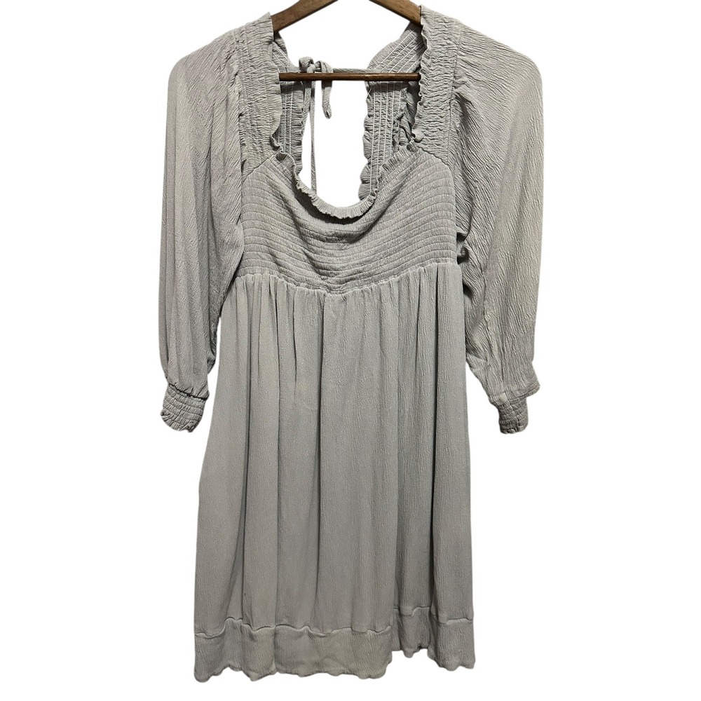 Listicle Gray Smocked Square Neck Tie Back Long Sleeve Mini Dress Women's Size S